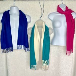 4 NWOT marshmallow soft scarves/wraps with fringe, pink, teal, cream, royal blue